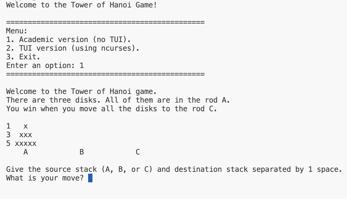 Screenshot of terminal gameplay of the ToH TUI in academic mode.